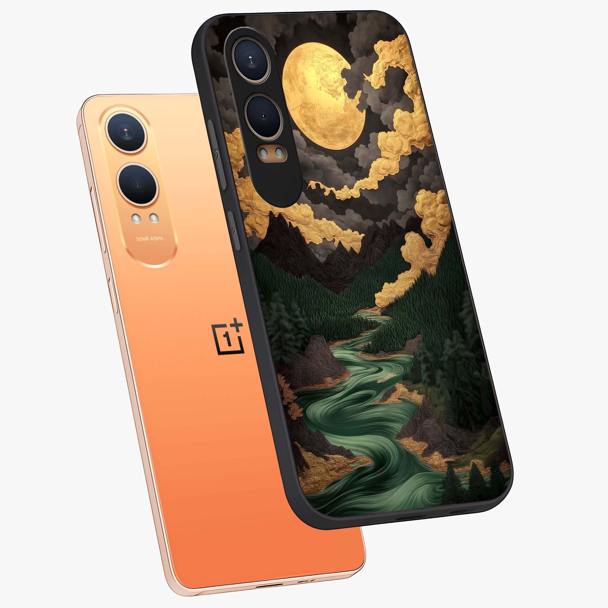 Lunar Silk Garden Glass Case for 1+Nord CE 4 Lite angled mockup showcasing glossy glass finish and silky gradient textures