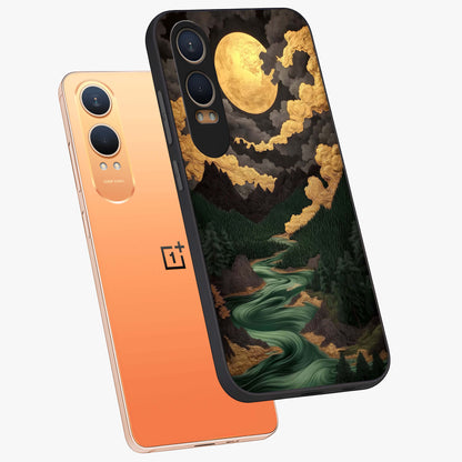 Lunar Silk Garden Glass Case for 1+Nord CE 4 Lite angled mockup showcasing glossy glass finish and silky gradient textures