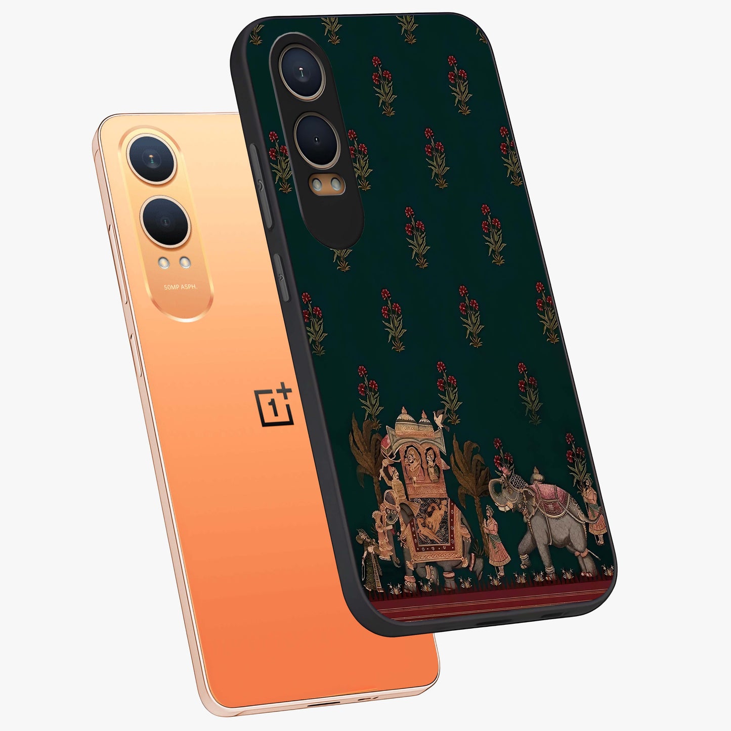 Macmerise Glass Case for 1+Nord CE 4 Lite angled mockup showcasing glossy finish and vibrant design tones