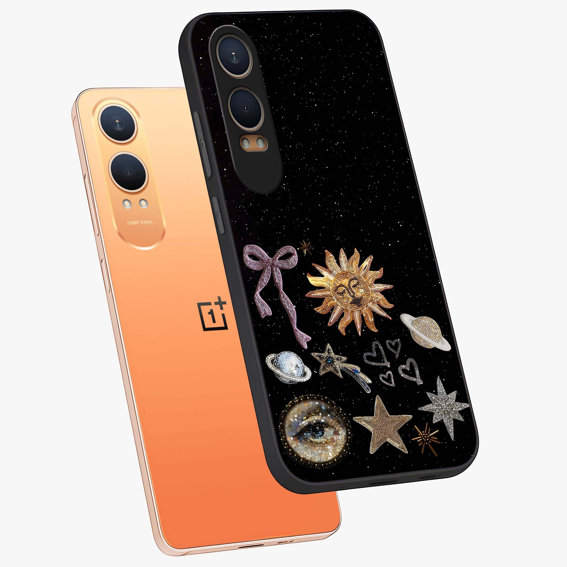 Magical Jewelry Vibe Glass Case for 1+Nord CE 4 Lite angled mockup showcasing glossy finish and sparkling detailing
