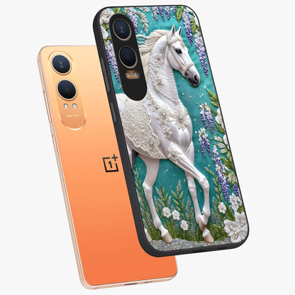 Majestic Floral Stallion Glass Case for 1+Nord CE 4 Lite angled mockup showcasing glossy finish and vibrant artistic tones