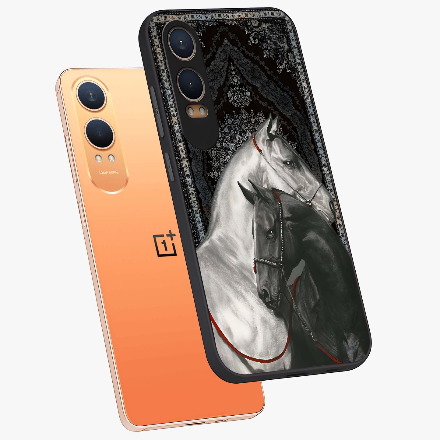 Majestic Ride Legacy Glass Case for 1+Nord Ce 4 Lite angled mockup showcasing glossy finish and strong graphic detailing