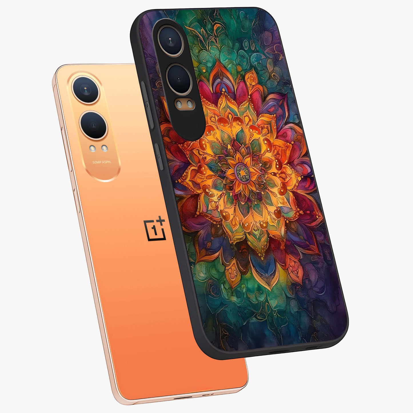 Mandala Vibrants Glass Case for 1+Nord Ce 4 Lite angled mockup showcasing glossy finish and intricate geometric detailing