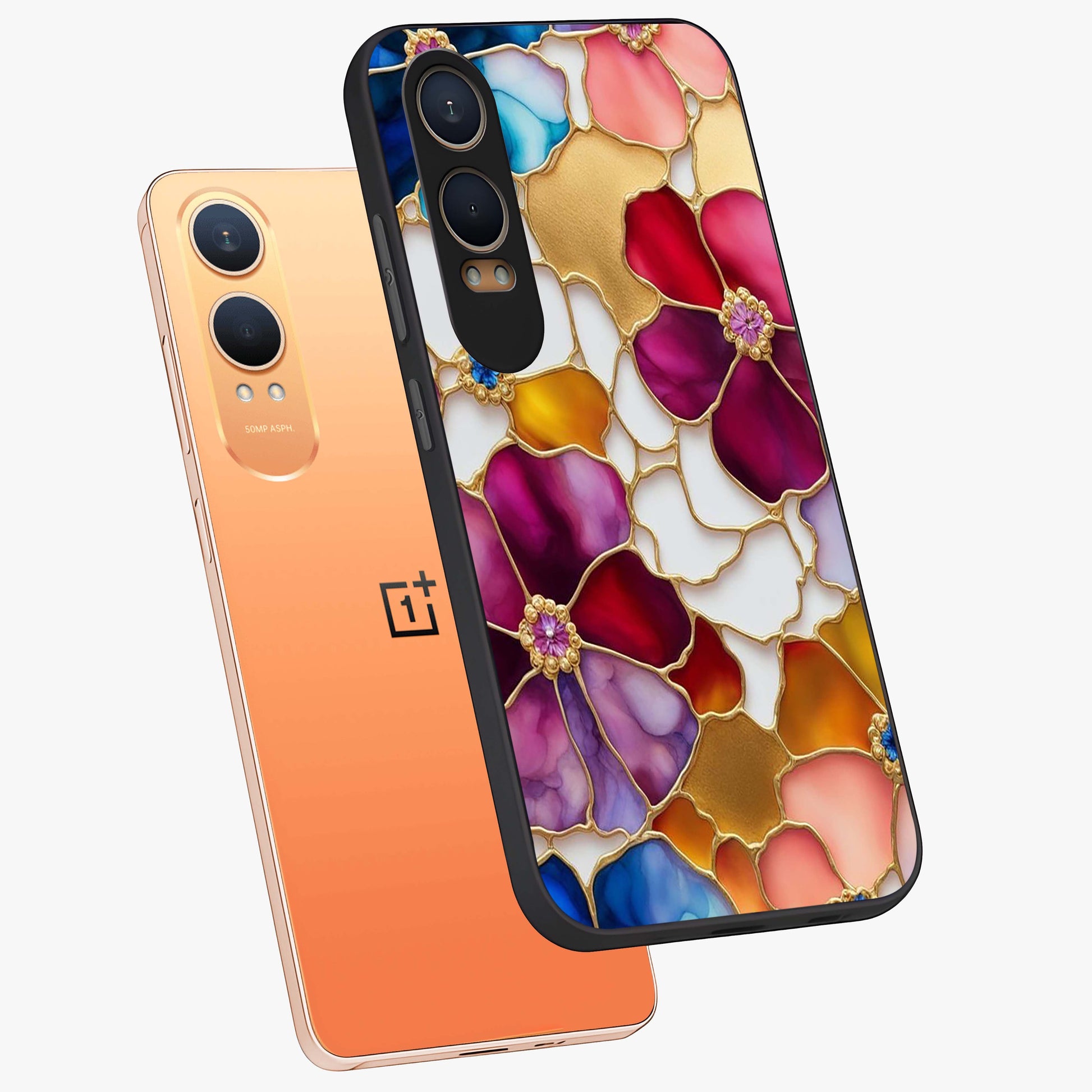 Marble Flower Pattern Glass Case for 1+Nord CE 4 Lite angled mockup showcasing glossy finish and detailed bloom accents