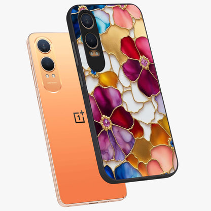 Marble Flower Pattern Glass Case for 1+Nord CE 4 Lite angled mockup showcasing glossy finish and detailed bloom accents