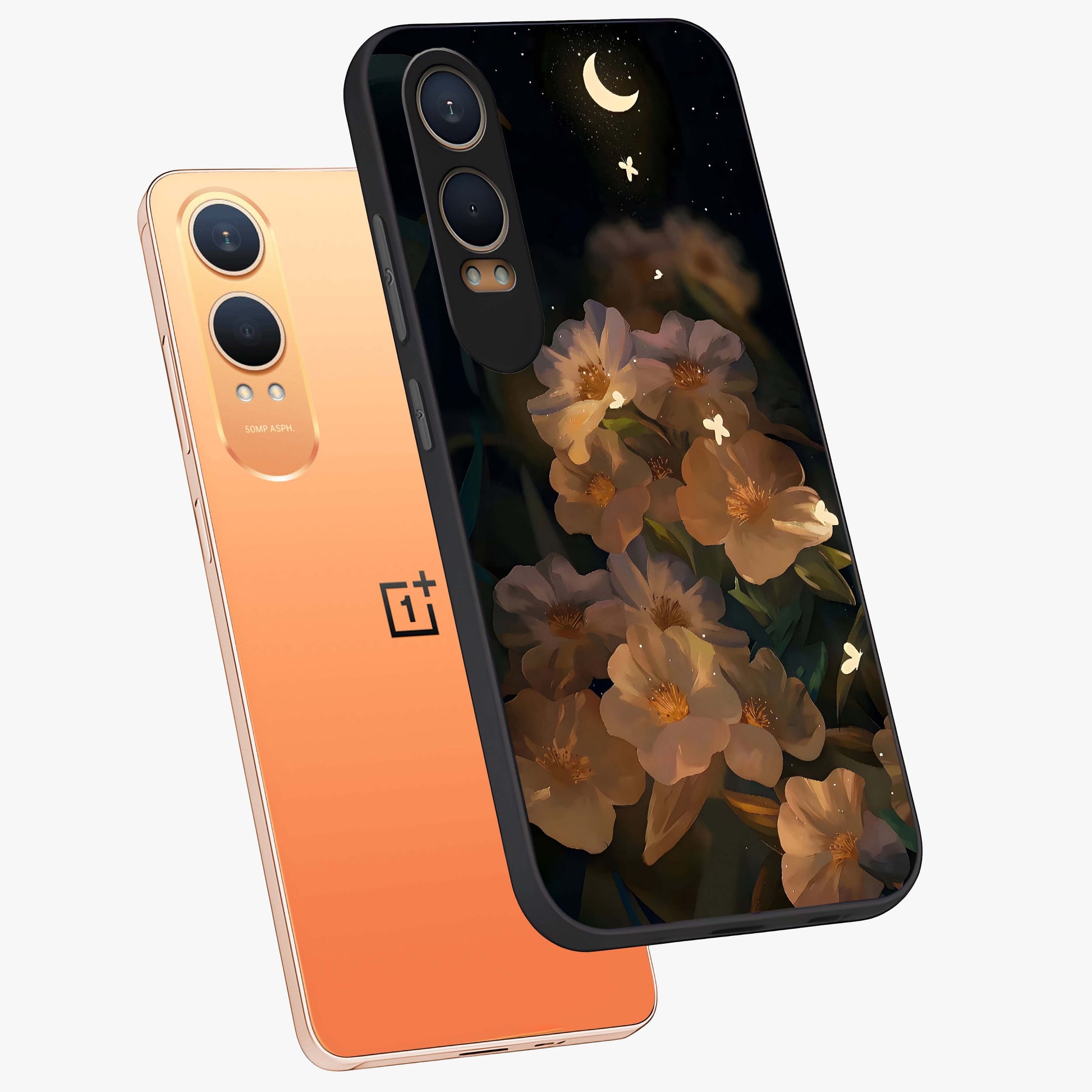 Midnight Bloom Trail Glass Case for 1+Nord CE 4 Lite angled mockup showcasing glossy finish and luminous bloom accents
