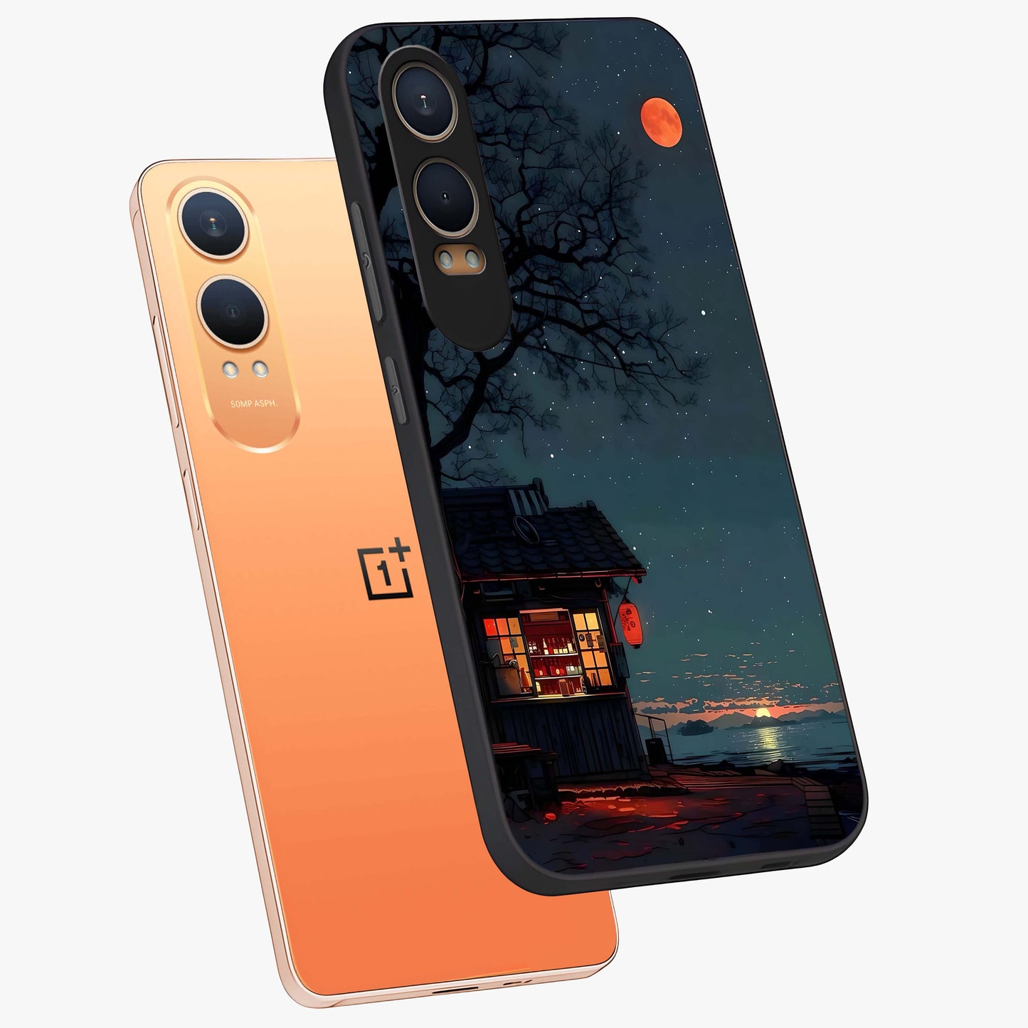 Midnight Lantern Glow Glass Case for 1+Nord CE 4 Lite angled mockup showcasing glossy finish and warm luminous tones