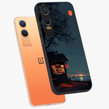 Midnight Lantern Glow Glass Case for 1+Nord CE 4 Lite angled mockup showcasing glossy finish and warm luminous tones