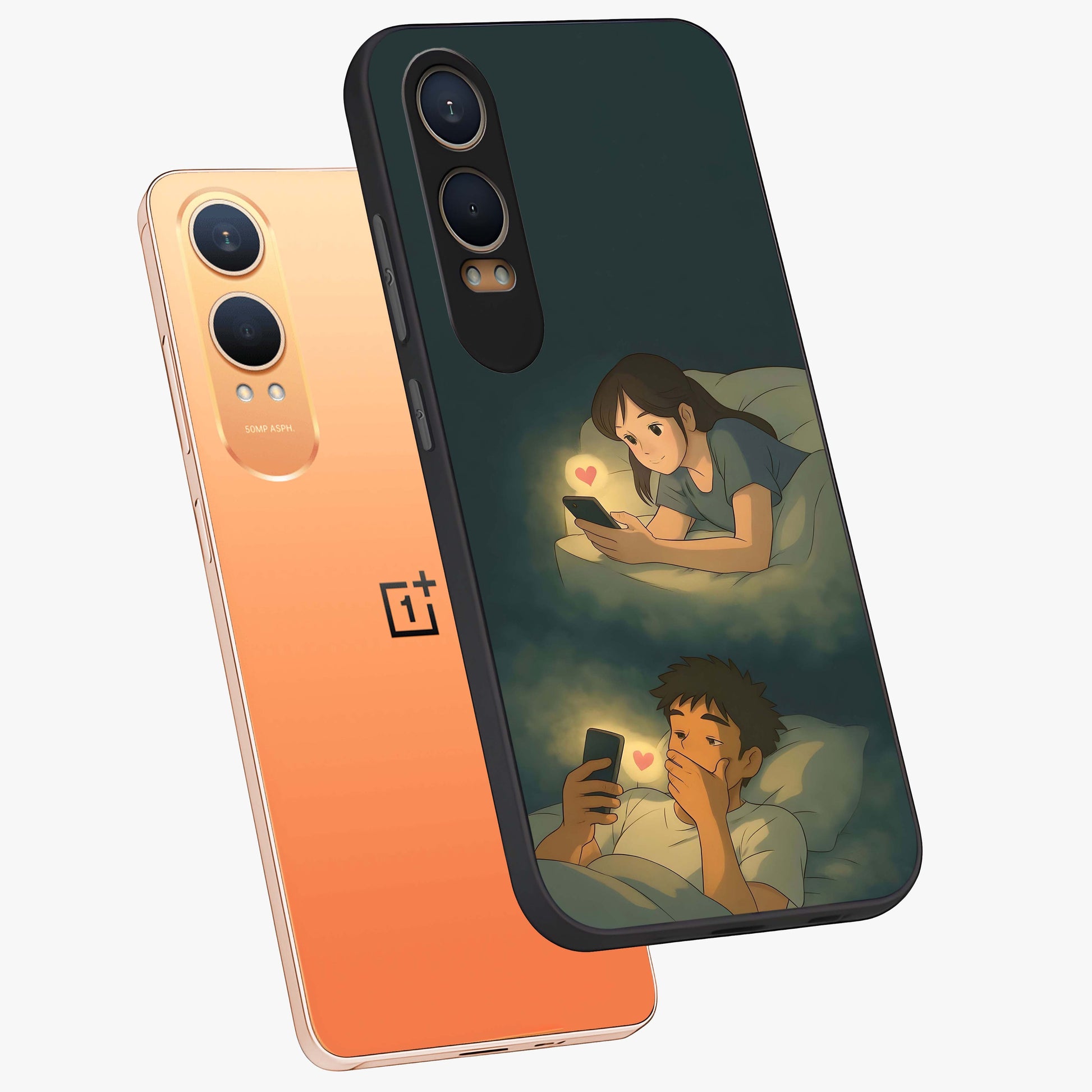 Midnight Love Glass Case for 1+Nord CE 4 Lite angled mockup showcasing glossy finish and warm luminous tones