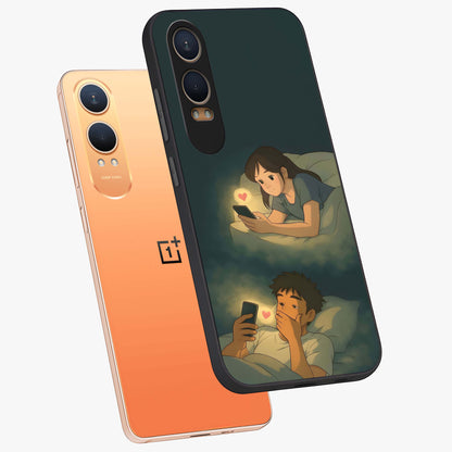Midnight Love Glass Case for 1+Nord CE 4 Lite angled mockup showcasing glossy finish and warm luminous tones