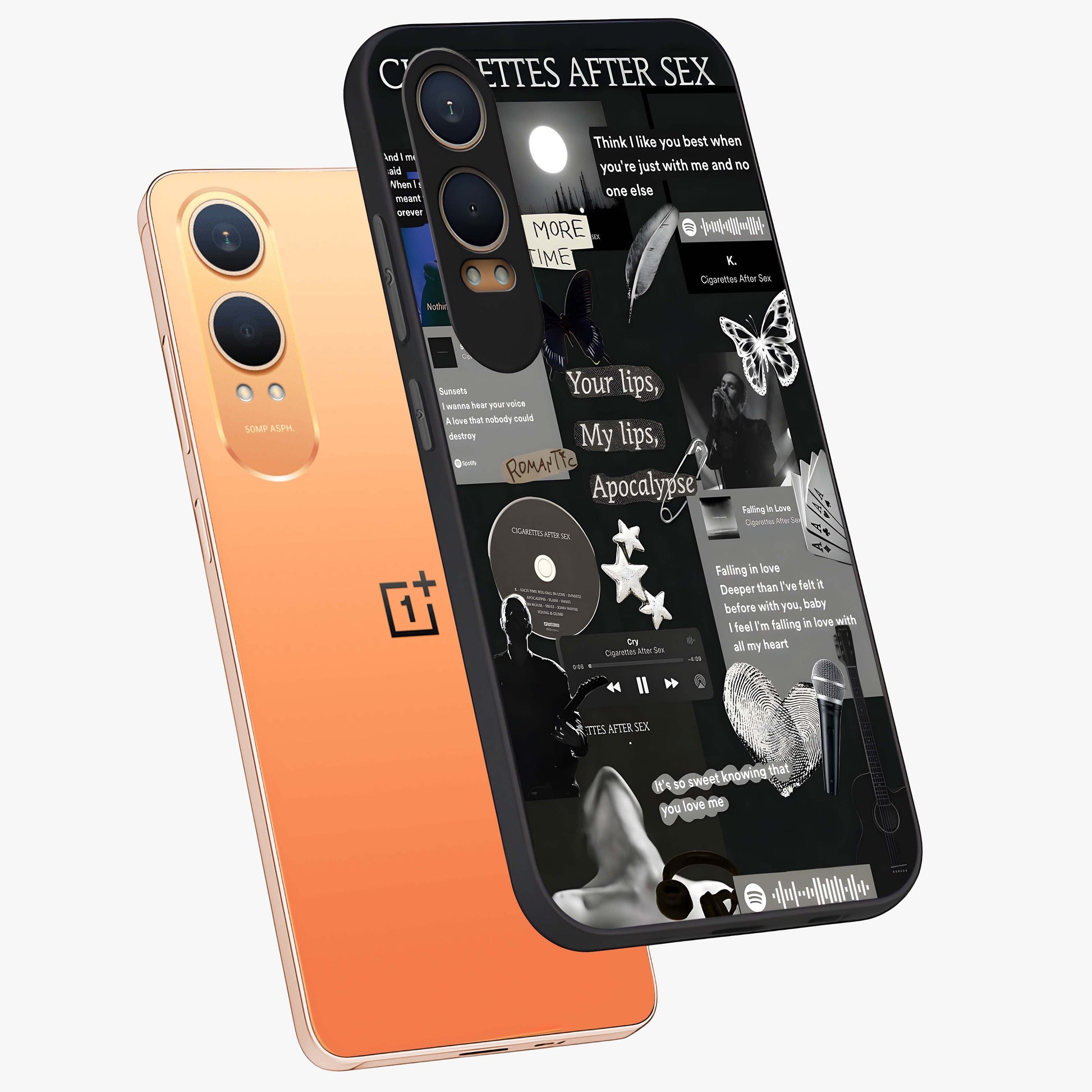 Midnight Love Echo Glass Case for 1+Nord CE 4 Lite angled mockup showcasing glossy finish and warm luminous tones