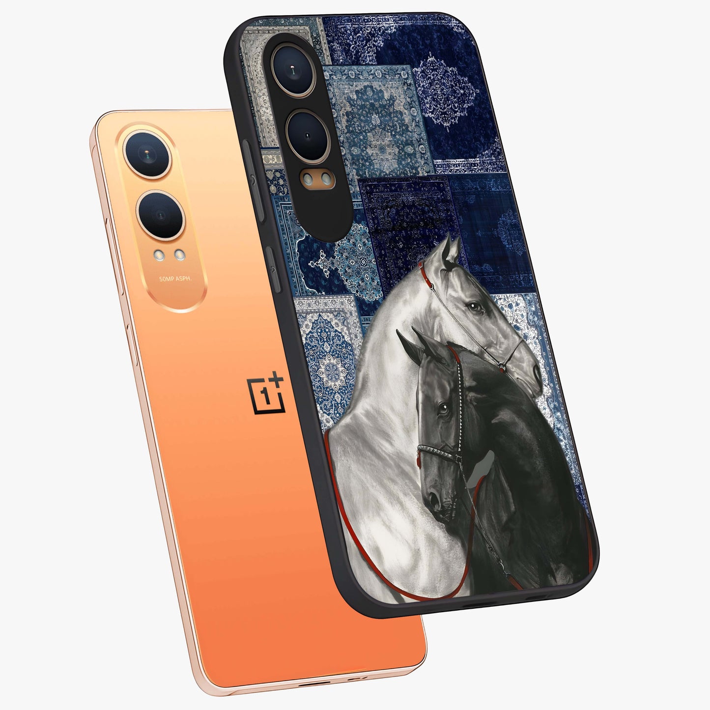 Midnight Stallion Blues Glass Case for 1+Nord CE 4 Lite angled mockup showcasing glossy finish and dramatic equestrian detailing