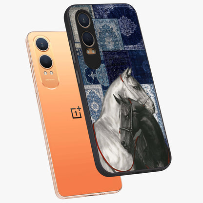 Midnight Stallion Blues Glass Case for 1+Nord CE 4 Lite angled mockup showcasing glossy finish and dramatic equestrian detailing
