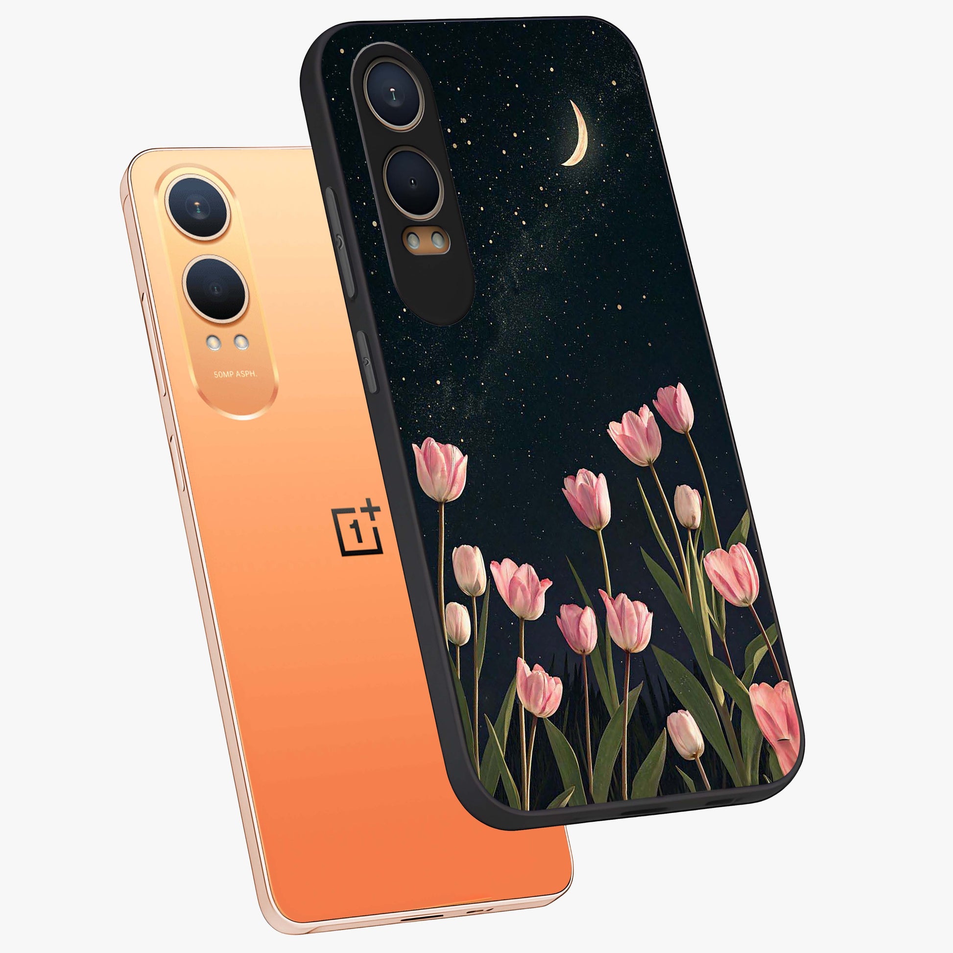 Midnight Tulip Whispers Vibe Glass Case for 1+Nord Ce 4 Lite angled mockup showcasing glossy finish and subtle bloom detailing