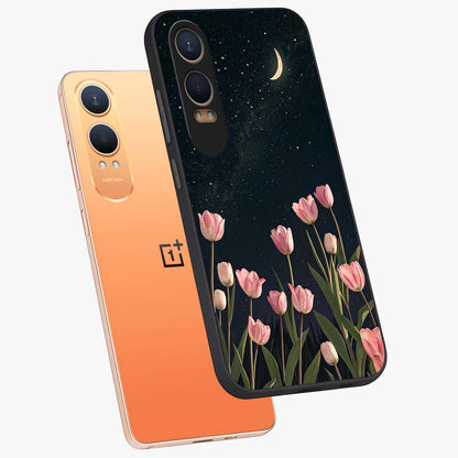 Midnight Tulip Whispers Vibe Glass Case for 1+Nord Ce 4 Lite angled mockup showcasing glossy finish and subtle bloom detailing