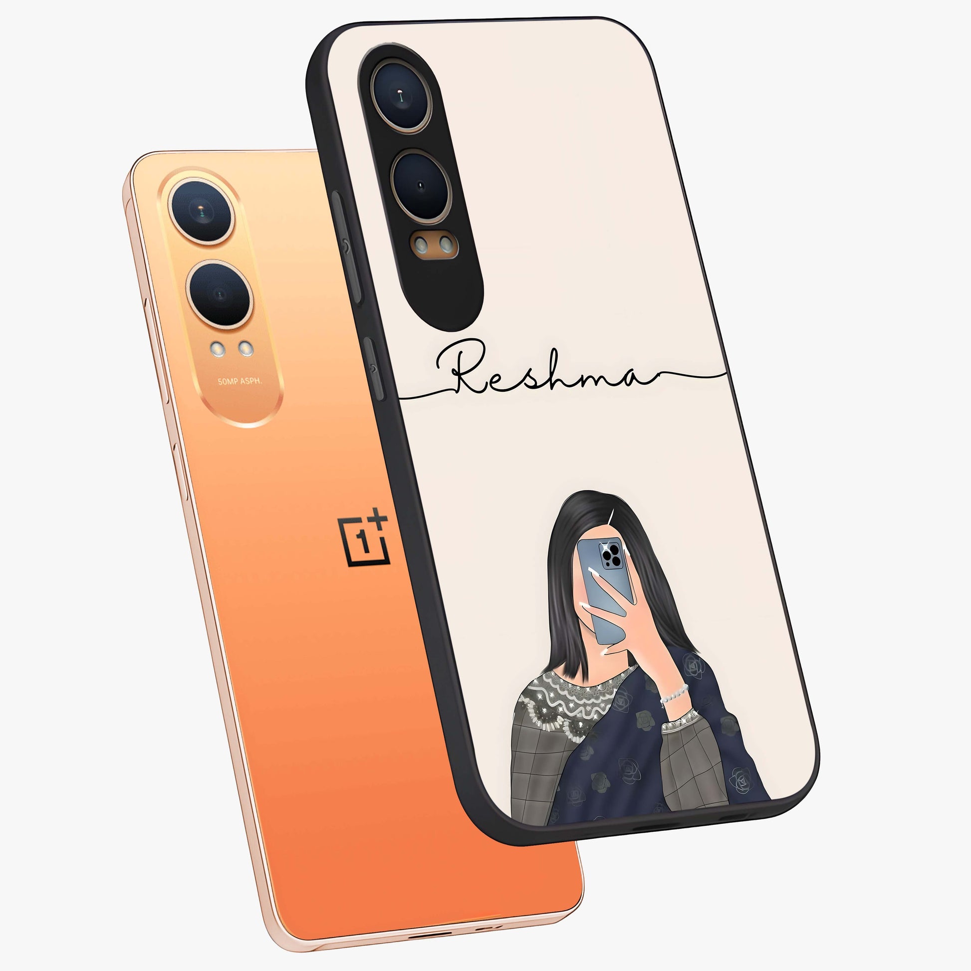 Mirror Mood Muse With Custom Name Glass Case for 1+Nord Ce 4 Lite angled mockup showcasing glossy finish and modern design tones