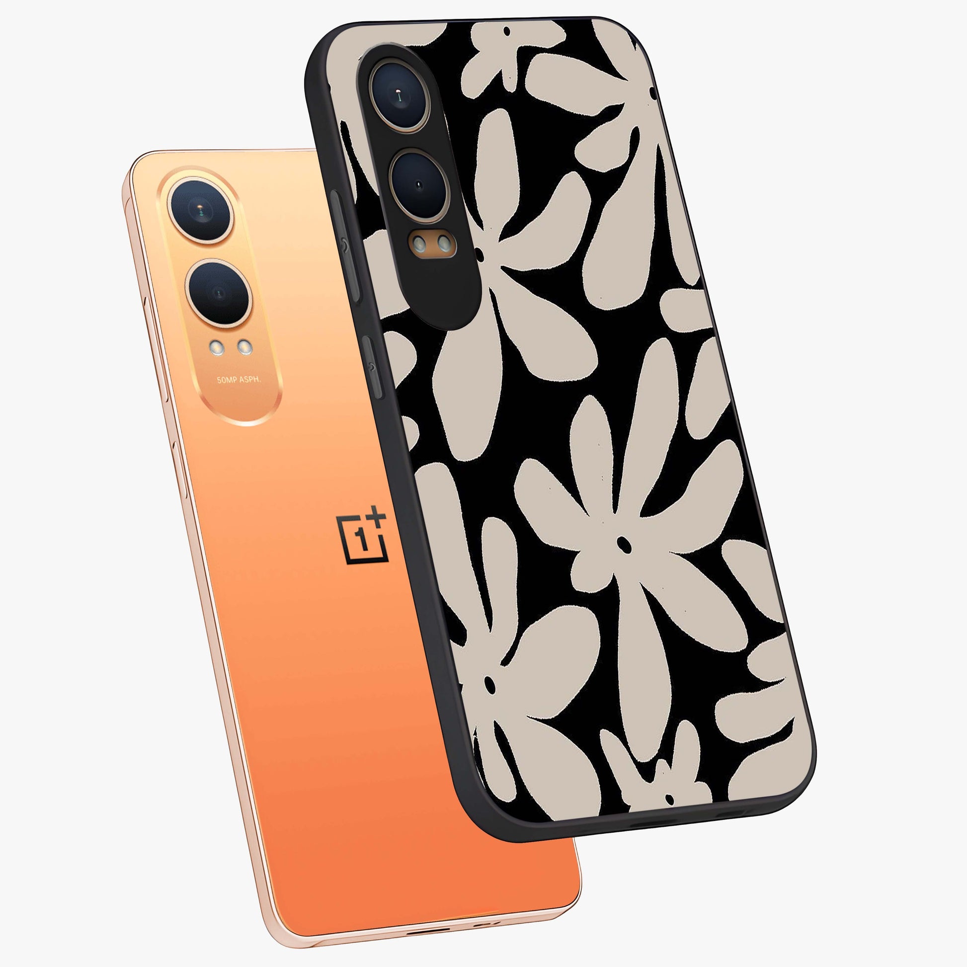 Monochrome Petal Dance Glass Case for 1+Nord CE 4 Lite angled mockup showcasing glossy finish and elegant contrast detailing