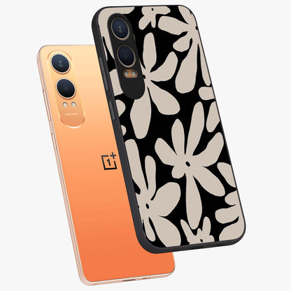 Monochrome Petal Dance Glass Case for 1+Nord CE 4 Lite angled mockup showcasing glossy finish and elegant contrast detailing