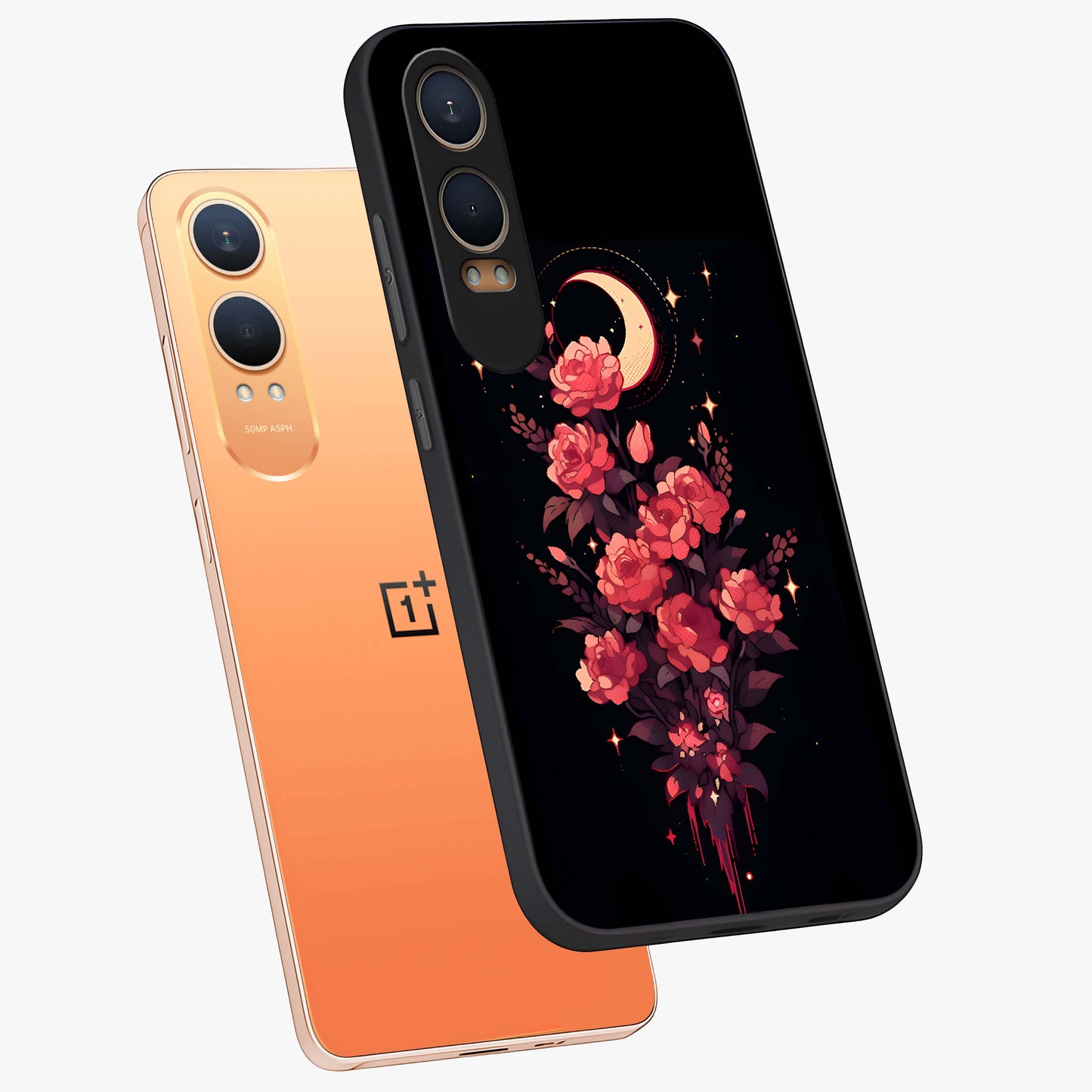 Moonlit Floral Elegance Glass Case for 1+Nord CE 4 Lite angled mockup showcasing glossy finish and rich night tones
