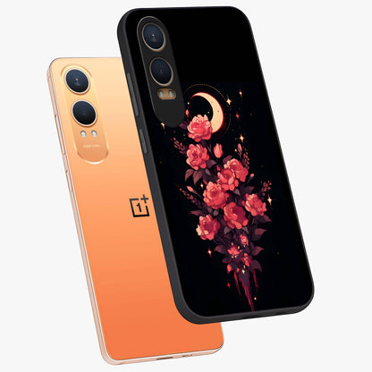 Moonlit Floral Elegance Glass Case for 1+Nord CE 4 Lite angled mockup showcasing glossy finish and rich night tones
