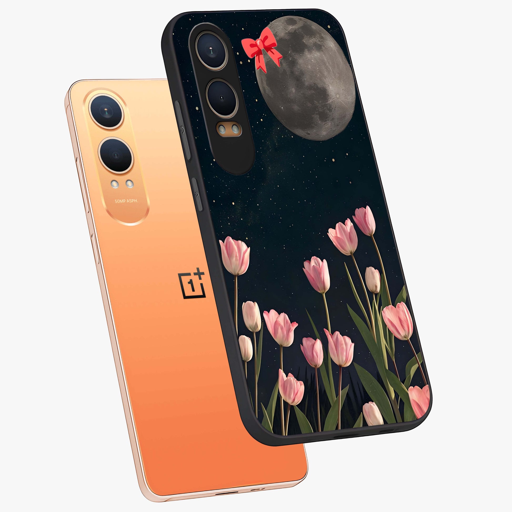 Moonlit Night Tulip Glass Case for 1+Nord Ce 4 Lite angled mockup showcasing glossy finish and soft luminous accents