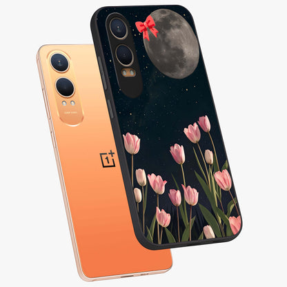 Moonlit Night Tulip Glass Case for 1+Nord Ce 4 Lite angled mockup showcasing glossy finish and soft luminous accents