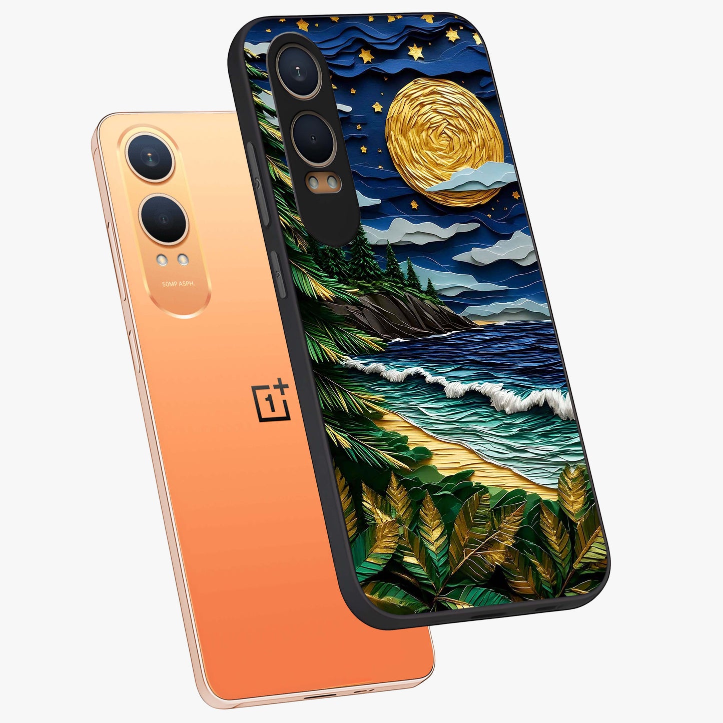 Moonlit Ocean Pines Glass Case for 1+Nord CE 4 Lite angled mockup showcasing glossy finish and deep blue gradients