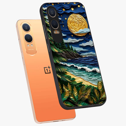 Moonlit Ocean Pines Glass Case for 1+Nord CE 4 Lite angled mockup showcasing glossy finish and deep blue gradients