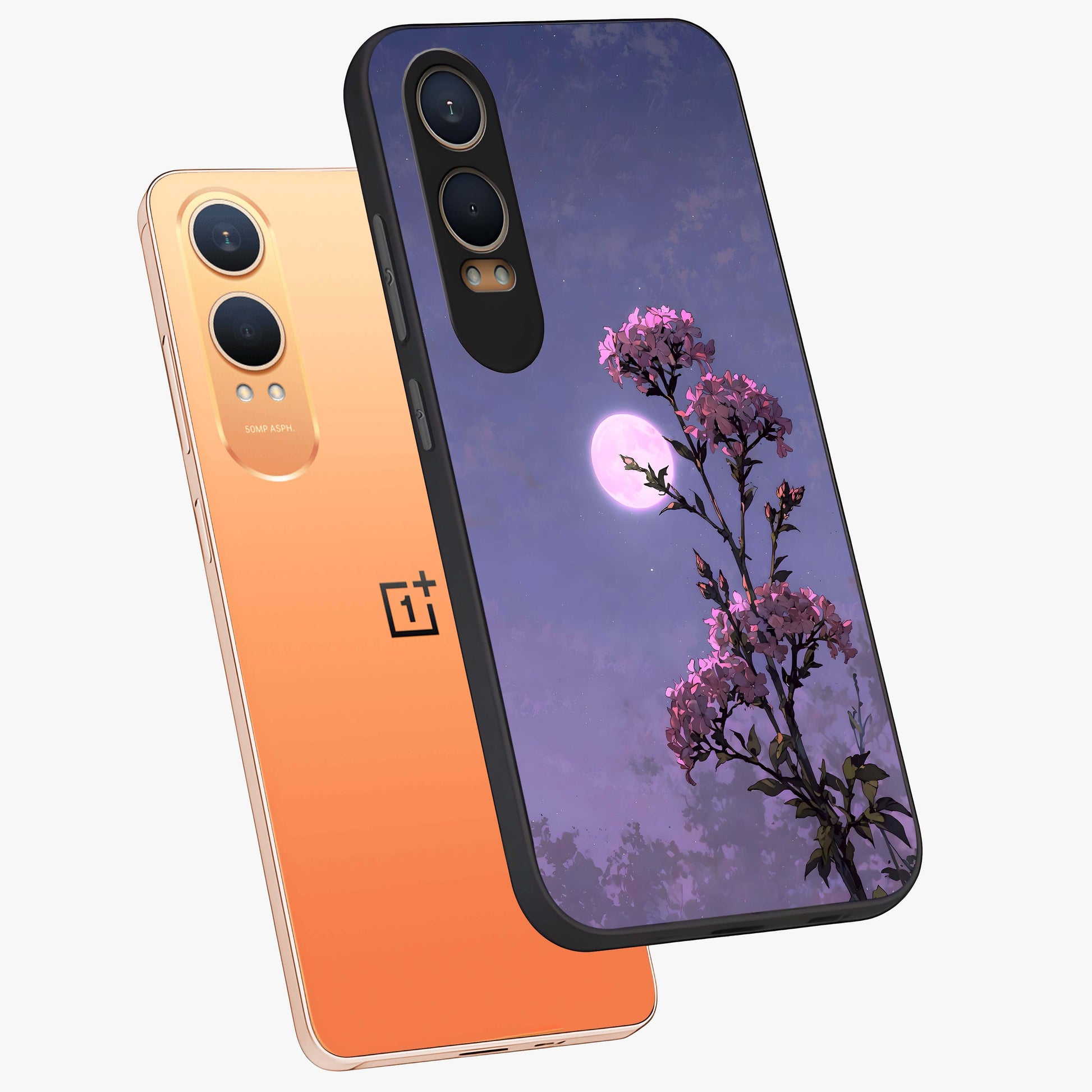 Moonlit Petal Night Glass Case for 1+Nord Ce 4 Lite angled mockup showcasing glossy finish and subtle moonlight detailing