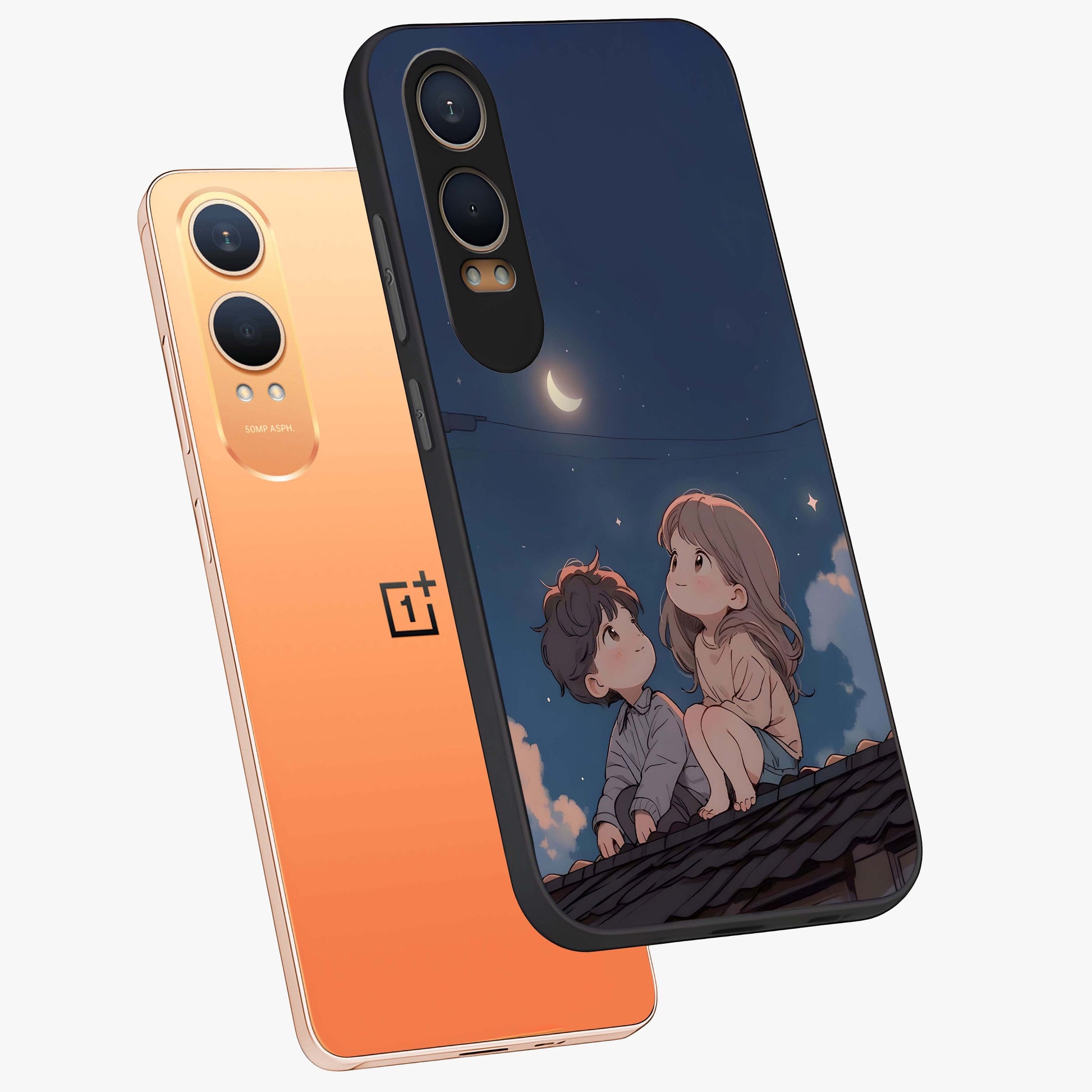 Moonlit Promise Together Glass Case for 1+Nord Ce 4 Lite angled mockup showcasing glossy finish and soft emotional detailing