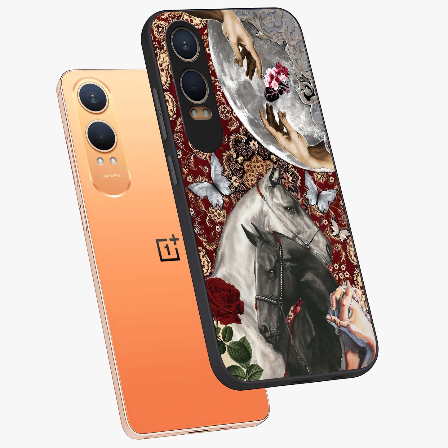 Moonlit Royal Stallion Glass Case for 1+Nord CE 4 Lite angled mockup showcasing glossy finish and deep midnight tones