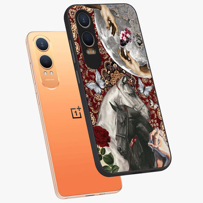 Moonlit Royal Stallion Glass Case for 1+Nord CE 4 Lite angled mockup showcasing glossy finish and deep midnight tones