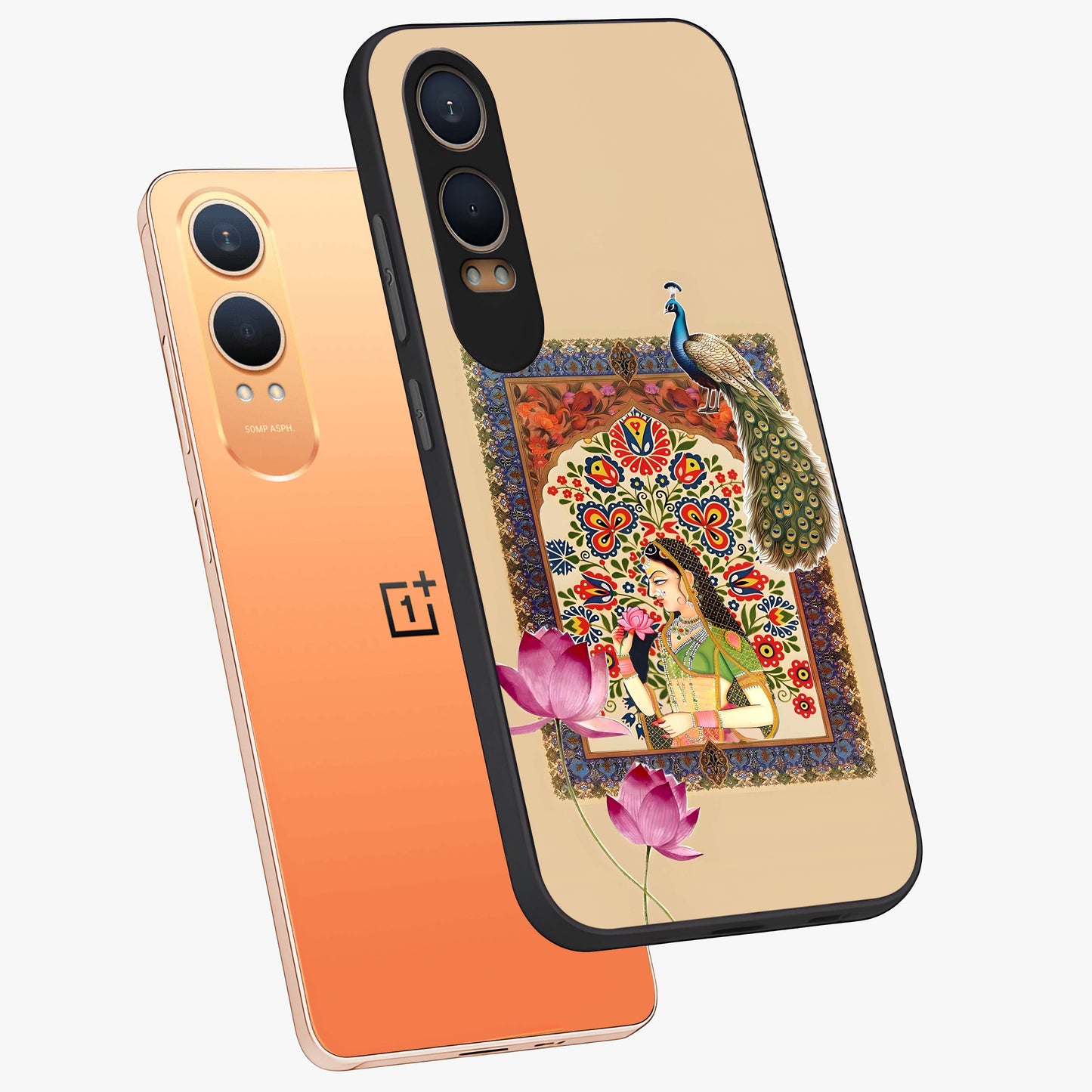 Mughal Princess and Peacock Glass Case for 1+Nord Ce 4 Lite angled mockup showcasing glossy finish and rich heritage tones