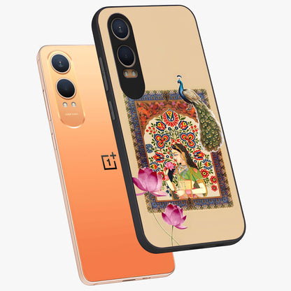 Mughal Princess and Peacock Glass Case for 1+Nord Ce 4 Lite angled mockup showcasing glossy finish and rich heritage tones