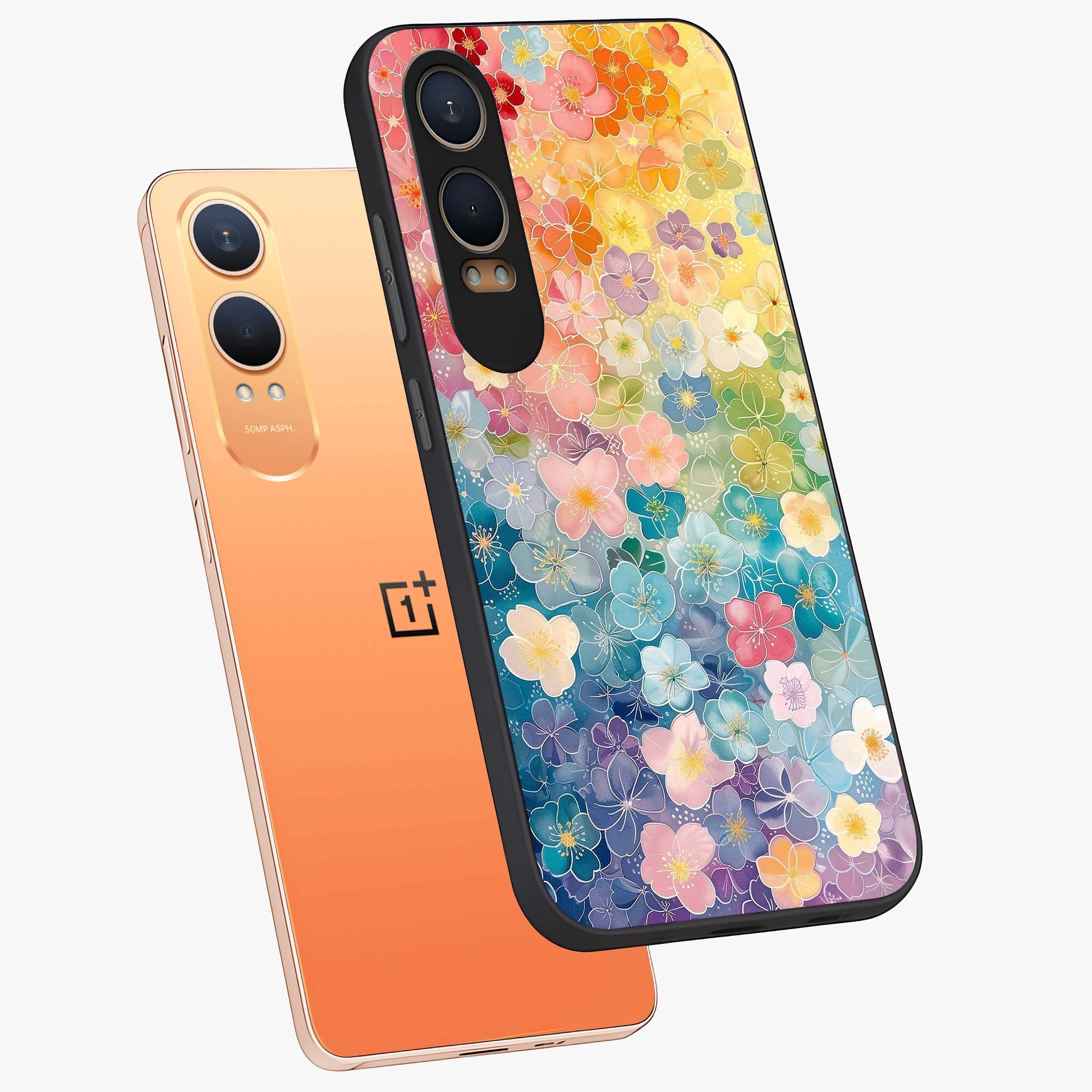 Multiple Background With Flower Glass Case for 1+Nord CE 4 Lite angled mockup showcasing glossy glass finish and colorful detailing