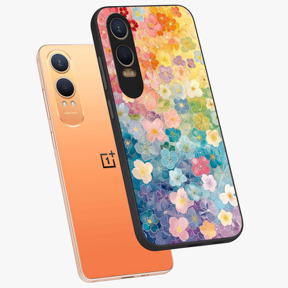 Multiple Background With Flower Glass Case for 1+Nord CE 4 Lite angled mockup showcasing glossy glass finish and colorful detailing