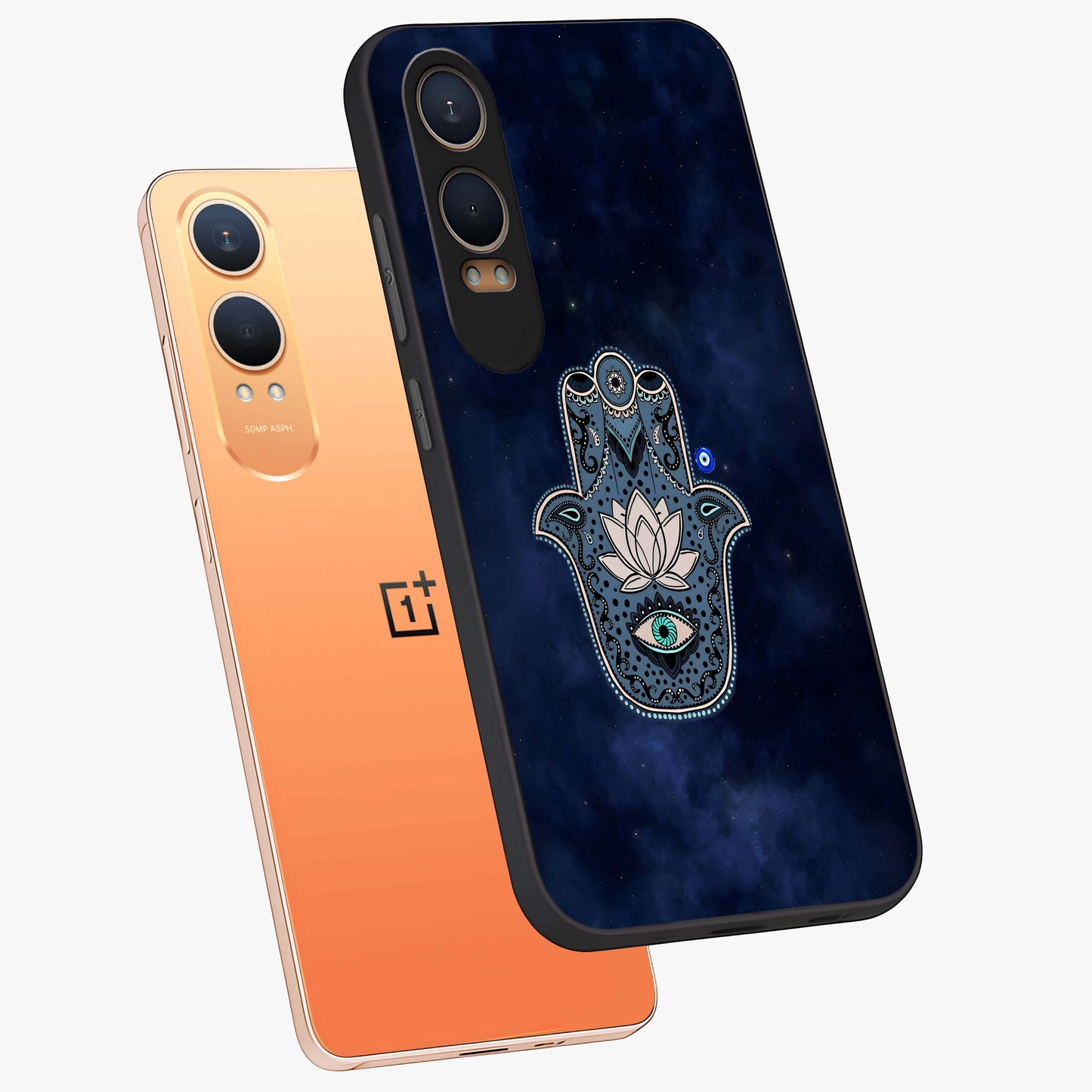 Mystic Calm Shield Glass Case for 1+Nord CE 4 Lite angled mockup showcasing glossy finish and subtle mystical detailing