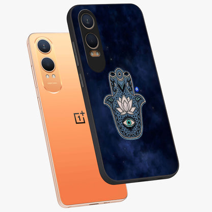 Mystic Calm Shield Glass Case for 1+Nord CE 4 Lite angled mockup showcasing glossy finish and subtle mystical detailing