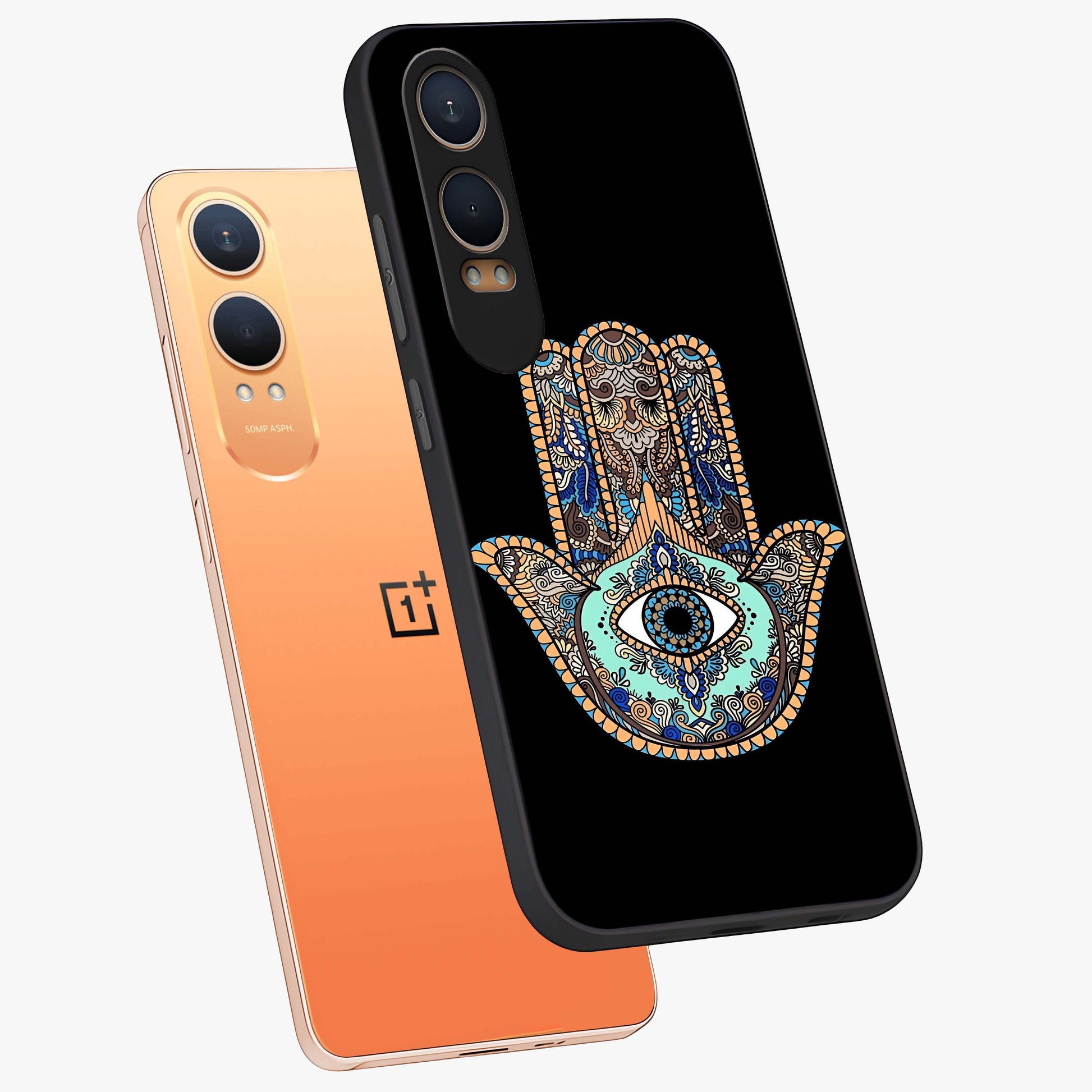 Mystic Hamsa Eye Glass Case for 1+Nord CE 4 Lite angled mockup showcasing glossy finish and protective design elements