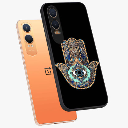 Mystic Hamsa Eye Glass Case for 1+Nord CE 4 Lite angled mockup showcasing glossy finish and protective design elements
