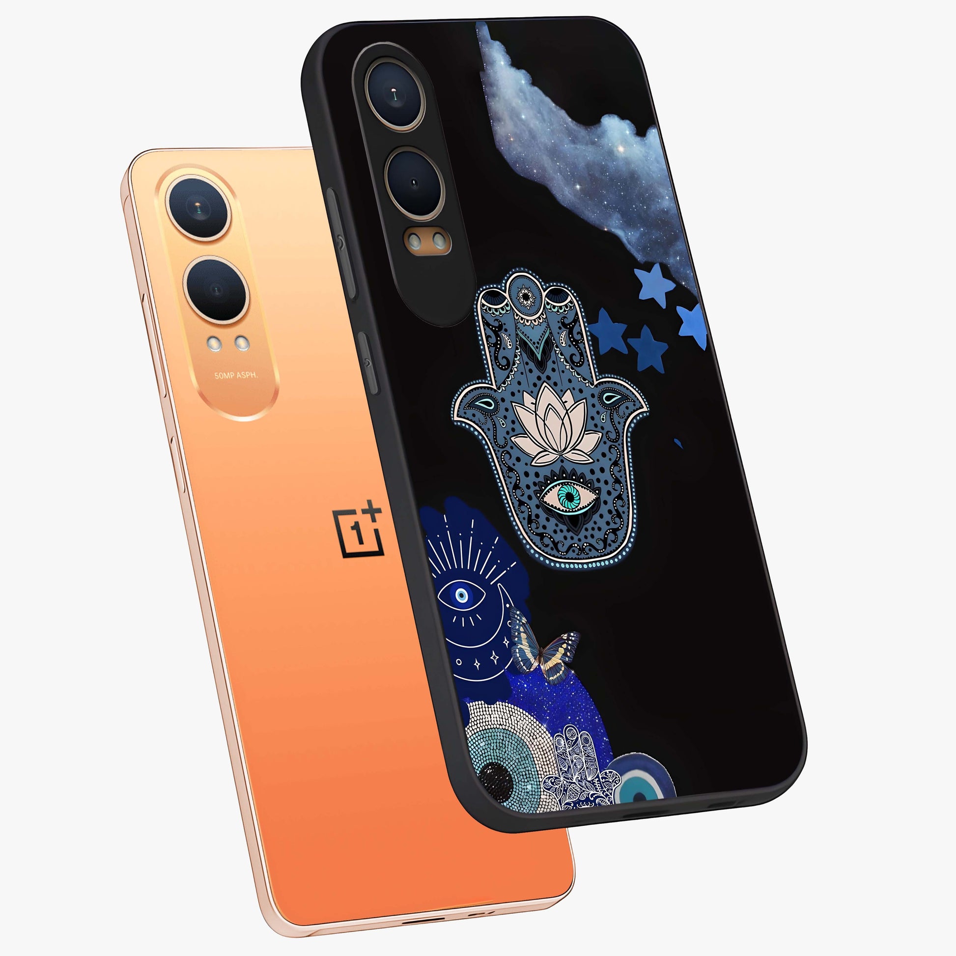 Mystic Hand Aura Glass Case for 1+Nord Ce 4 Lite angled mockup showcasing glossy finish and radiant mystical detailing