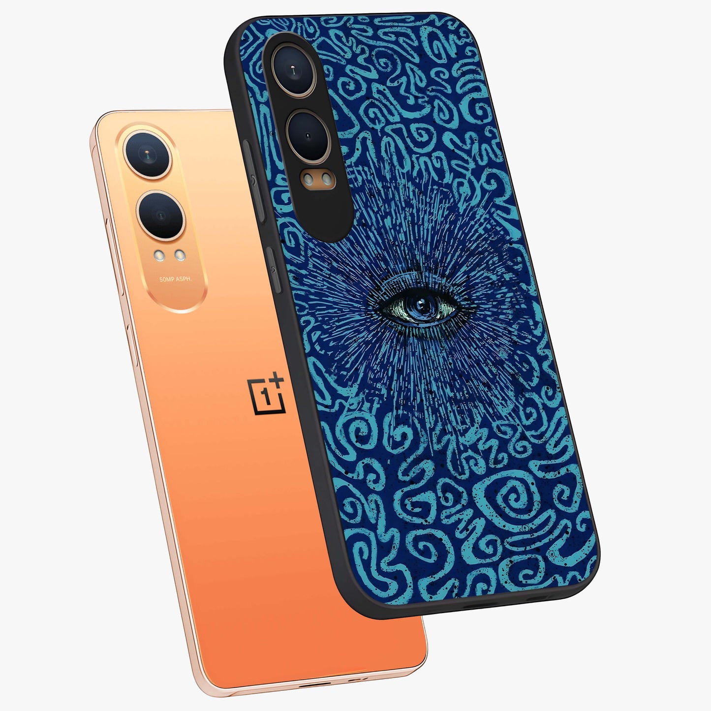 Mystic Inner Eye Glass Case for 1+Nord CE 4 Lite angled mockup showcasing glossy finish and deep cosmic gradients