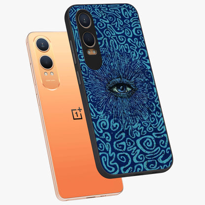 Mystic Inner Eye Glass Case for 1+Nord CE 4 Lite angled mockup showcasing glossy finish and deep cosmic gradients