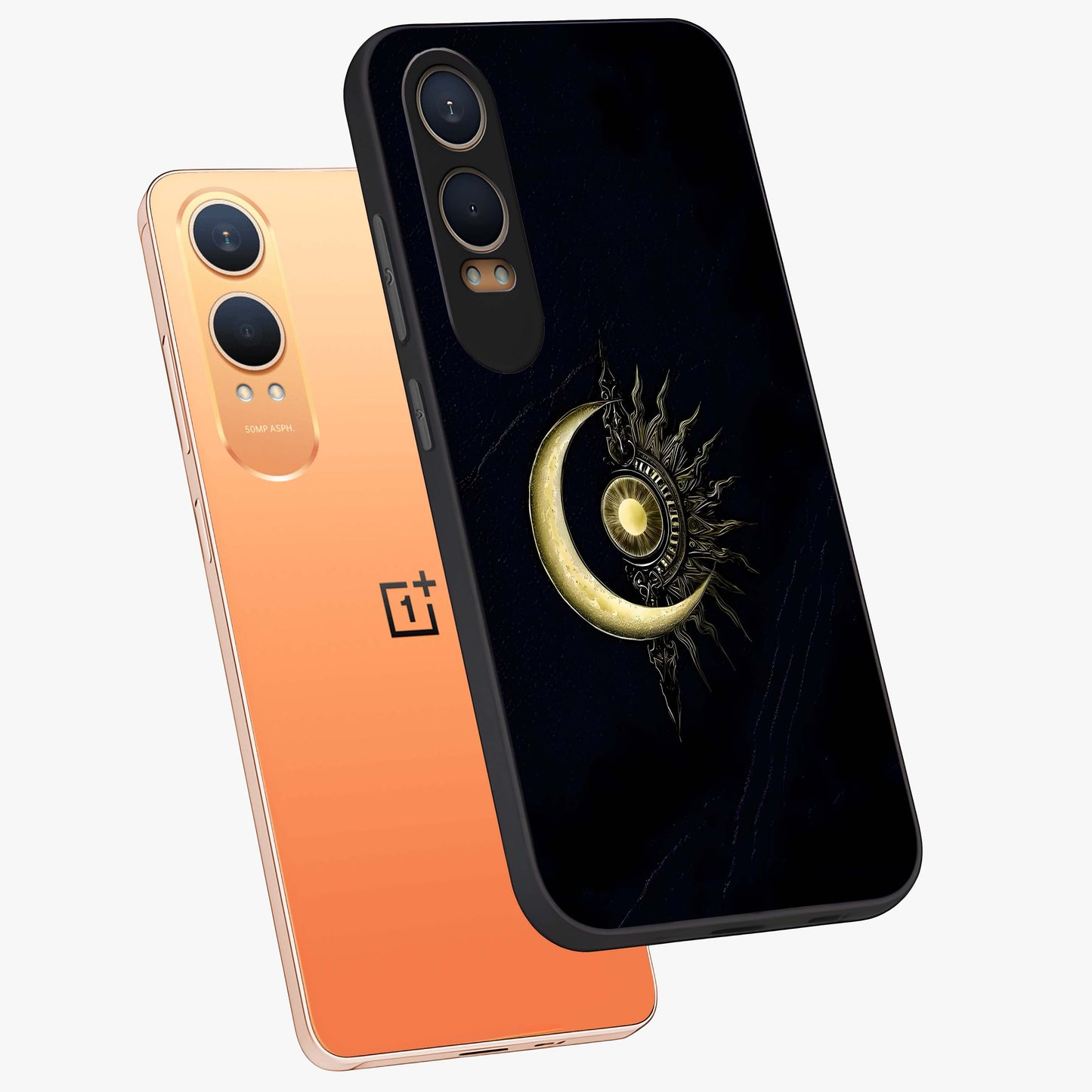 Mystic Lunar Flame Glass Case for 1+Nord CE 4 Lite angled mockup showcasing glossy finish and glowing night tones