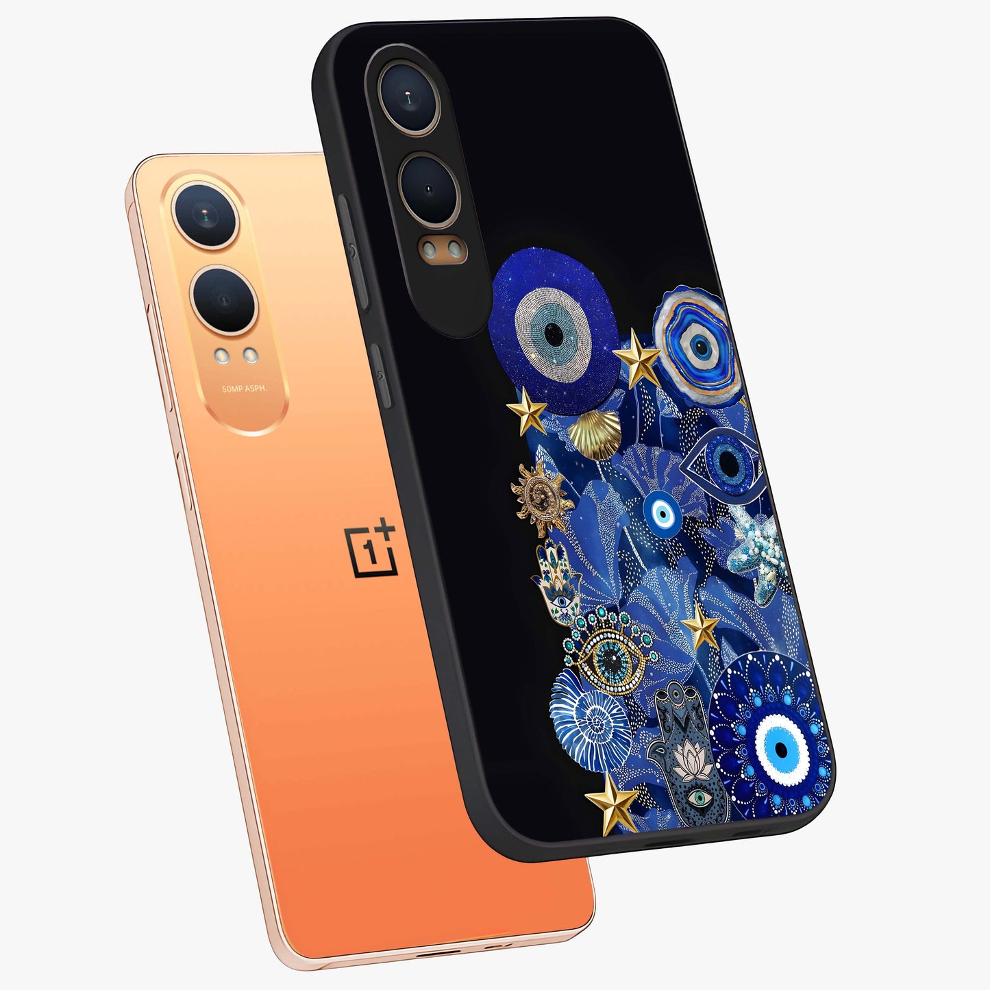 Mystic Ocean Eye Glass Case for 1+Nord Ce 4 Lite angled mockup showcasing glossy finish and fluid wave detailing