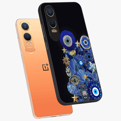 Mystic Ocean Eye Glass Case for 1+Nord Ce 4 Lite angled mockup showcasing glossy finish and fluid wave detailing