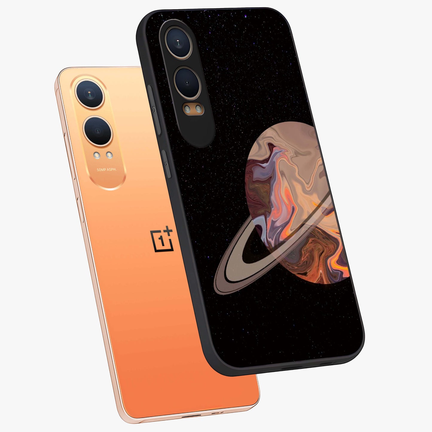 Mystic Saturn Aesthetic Glass Case for 1+Nord Ce 4 Lite angled mockup showcasing glossy finish and deep space gradients