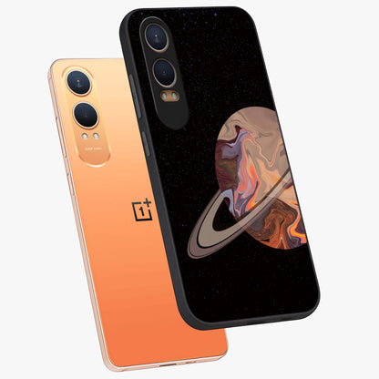 Mystic Saturn Aesthetic Glass Case for 1+Nord Ce 4 Lite angled mockup showcasing glossy finish and deep space gradients