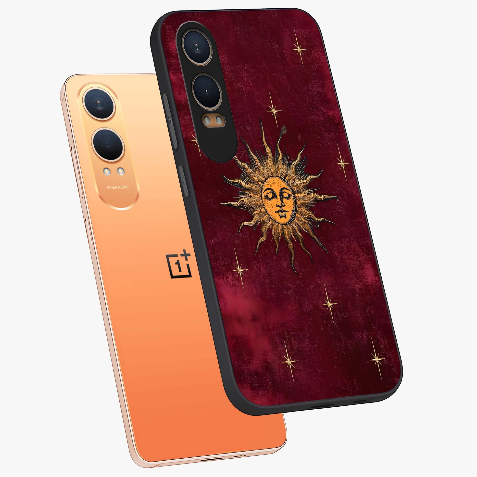 Mystic Solar Glow Glass Case for 1+Nord CE 4 Lite angled mockup showcasing glossy glass finish and warm golden tones