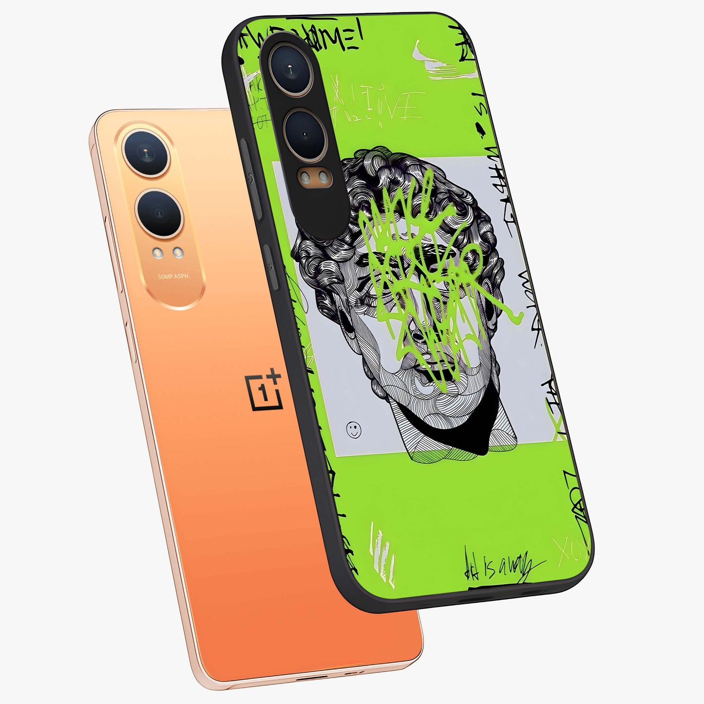 Neo Graffiti Rebellion Glass Case for 1+Nord CE 4 Lite angled mockup showcasing glossy finish and urban neon detailing